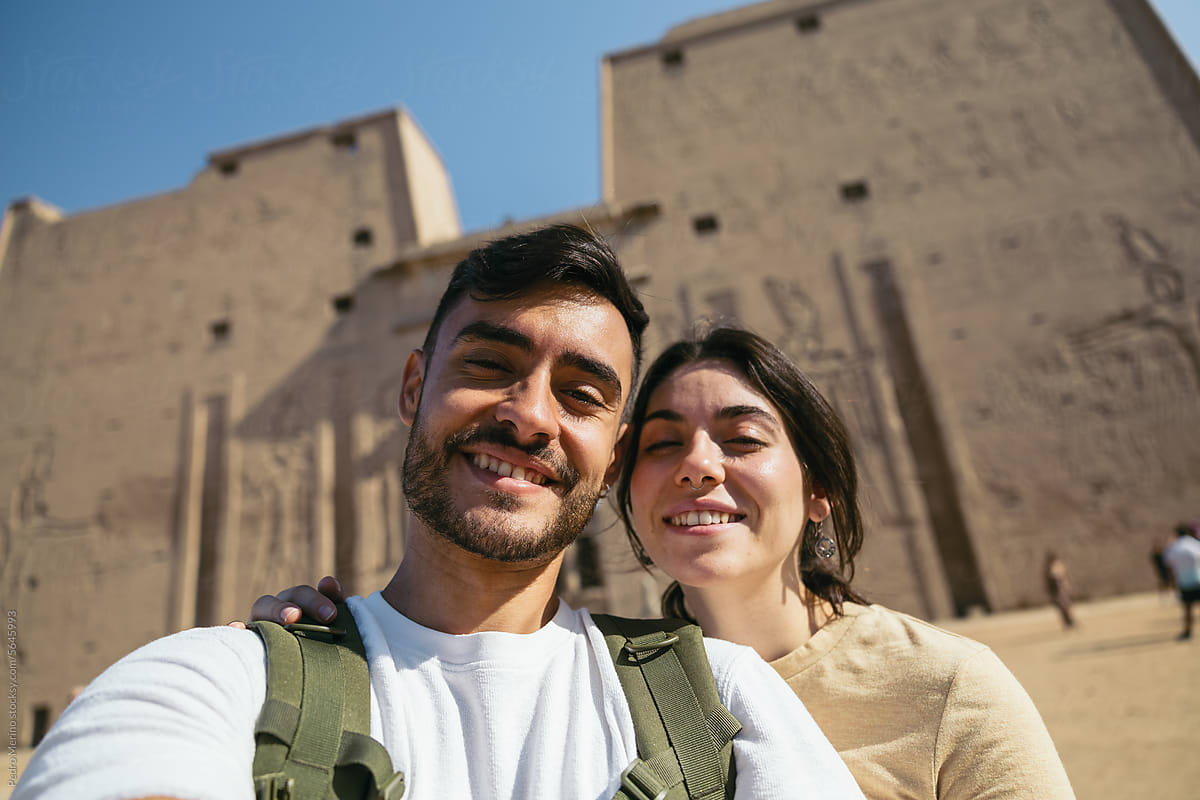 Selfie of a young couple at the Edfu Temple, Egypt.