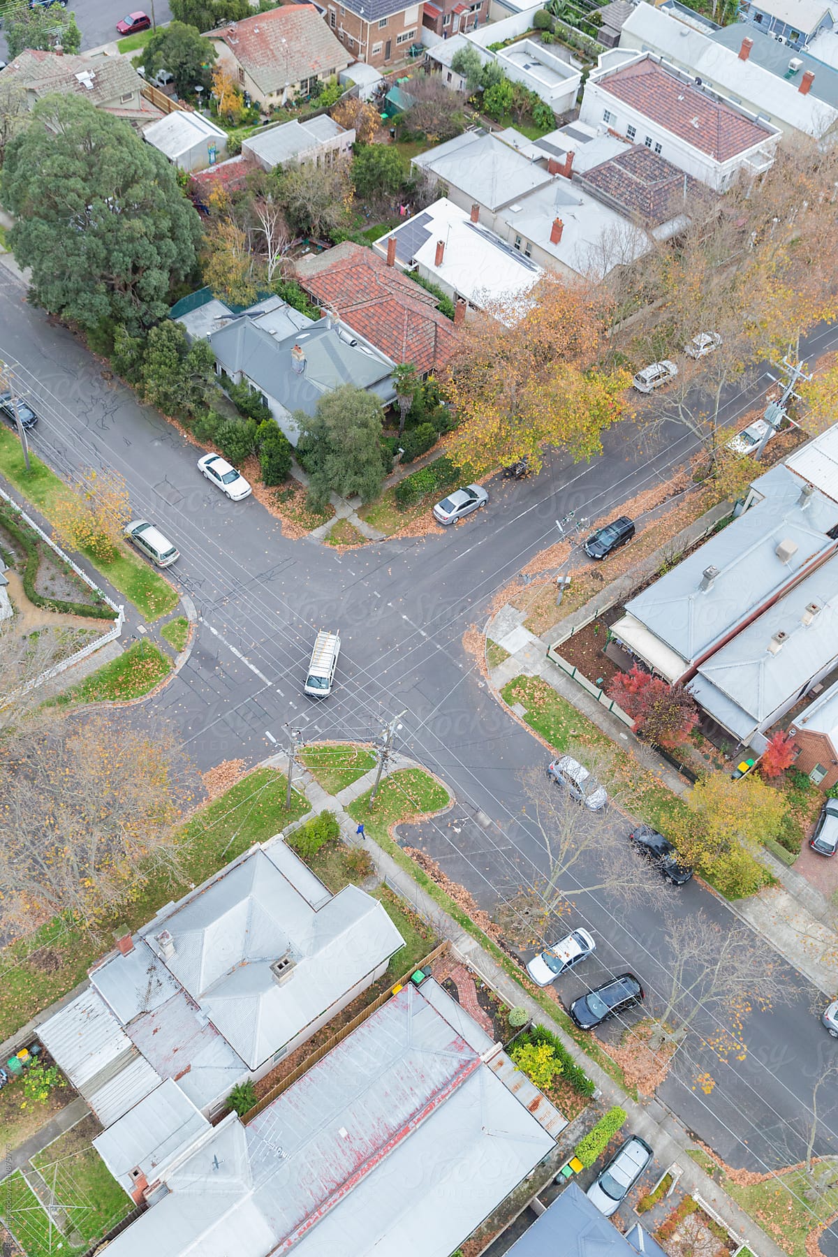 'Overhead view of suburban street intersection