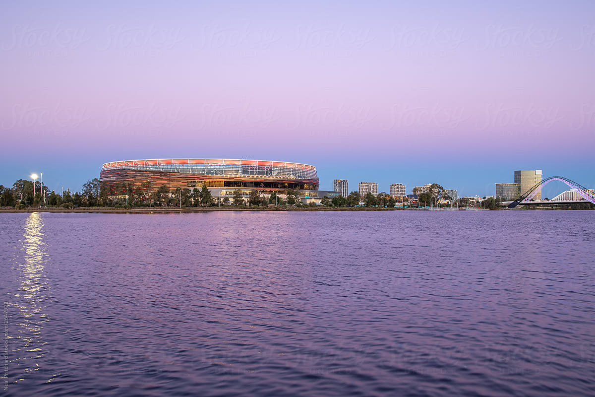Perth Stadium against the Swan River and Matagarup Bridge