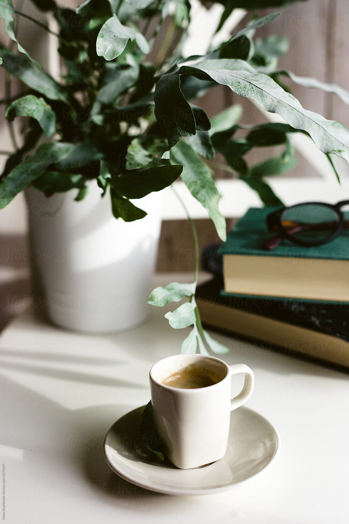 Espresso, books, plant, spectacles.