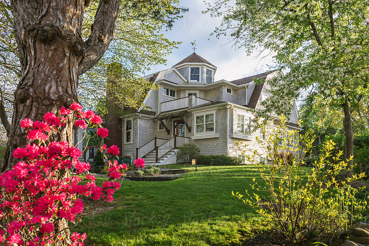 Exterior Image of New England Craftsman Home with azalea flower bloom