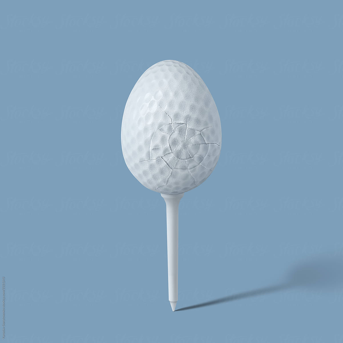 Golf ball in the form of a broken egg on a blue background with