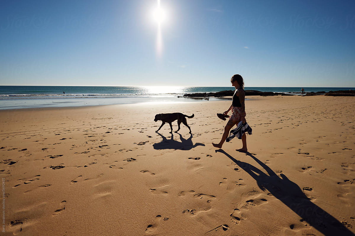 Woman walking with a dog on the beach
