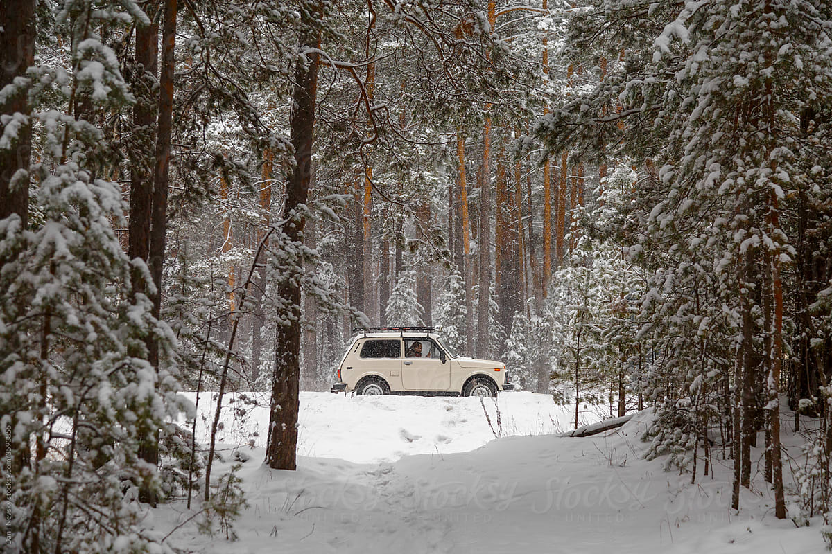 Off road car driving through winter woodland