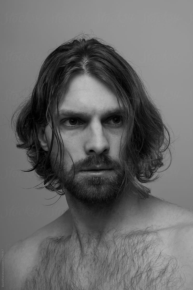 bearded man black and white studio portrait