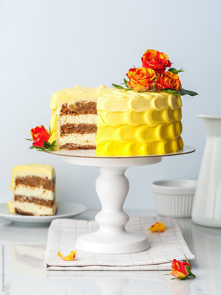 Chocolate cake with yellow cream