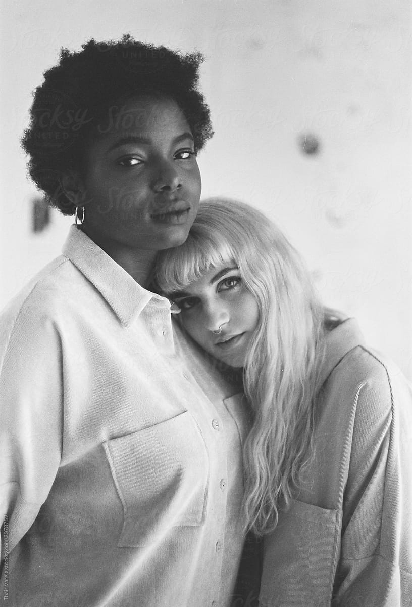 interracial women film black and white portrait.