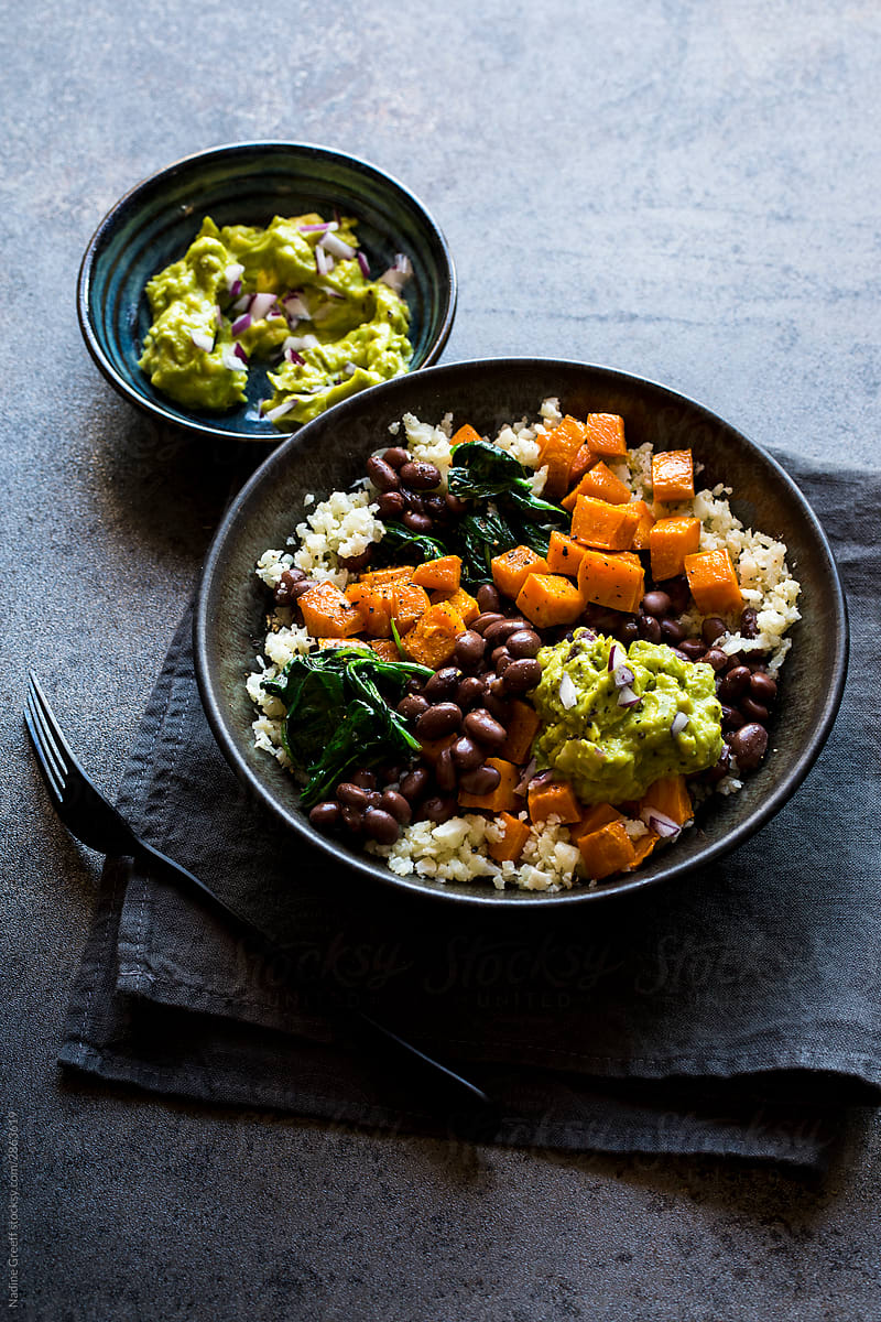 Cauliflower Rice Vegetable Bowl with black beans and sweet potato