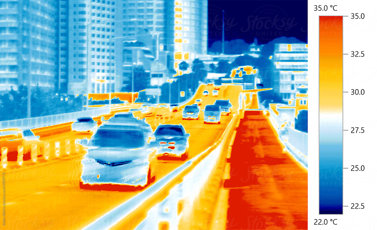 Urban heat island, thermal image of  roads, cars, vehicles