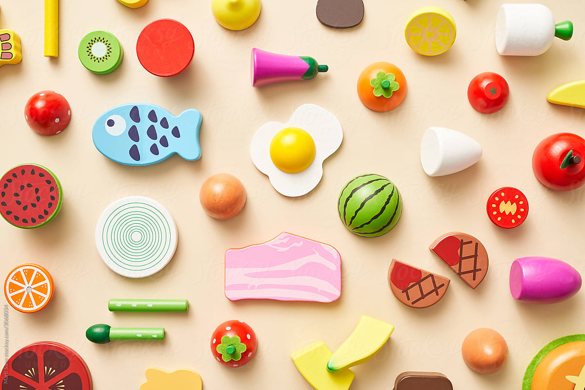 Various multicolored toy food for kids