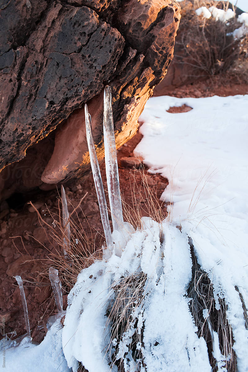 Large icicle hangs from a rock in Utah