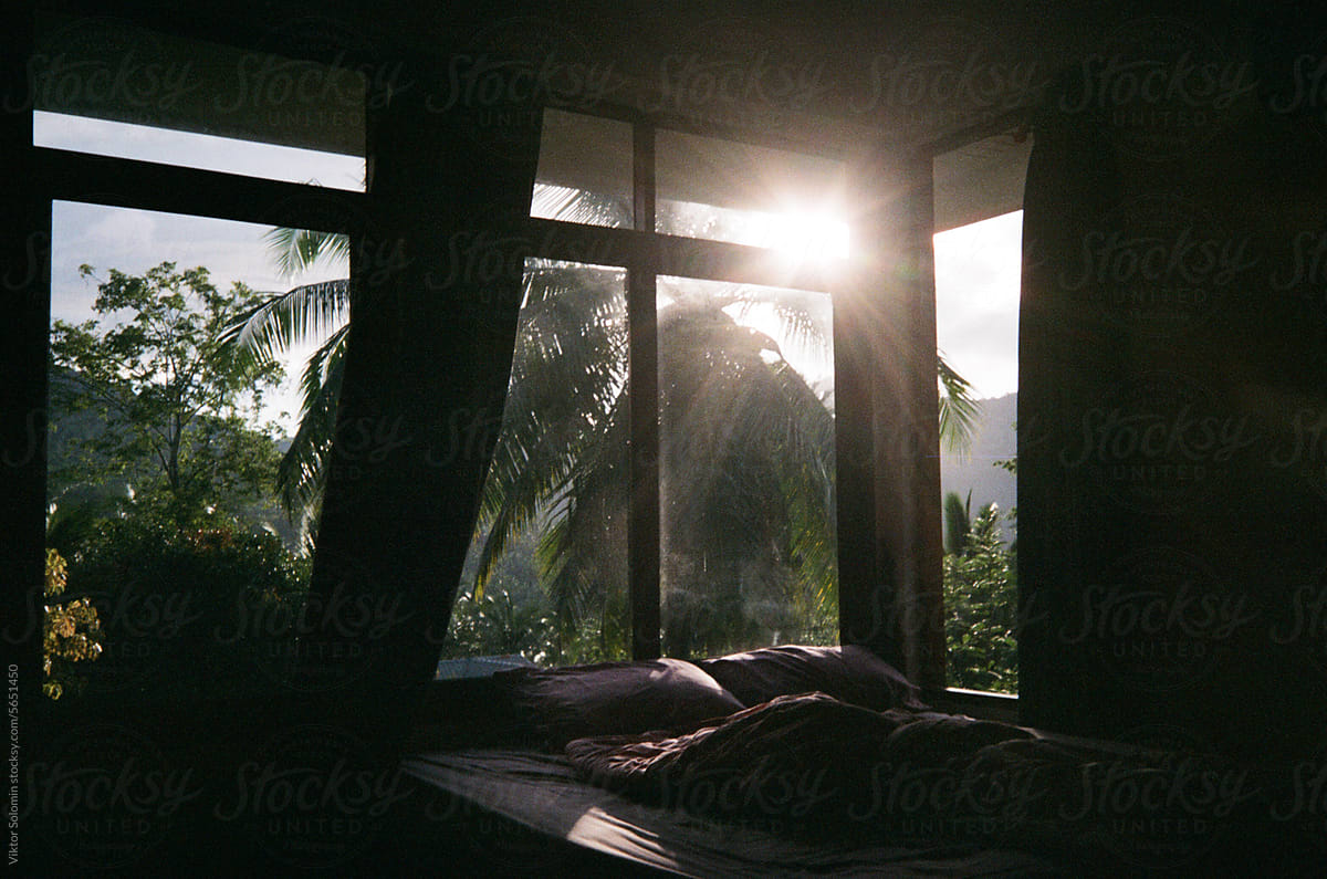 View of tropical resort in the morning, sunrise light in bedroom