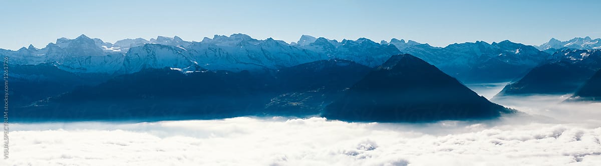 Swiss Alps - Sunny Central Swiss Alpine Panorama With Sea of Fog