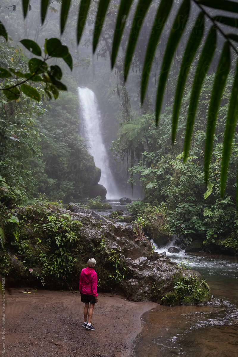 Senior Citizen Looking up at Waterfall in Lush Rainforest