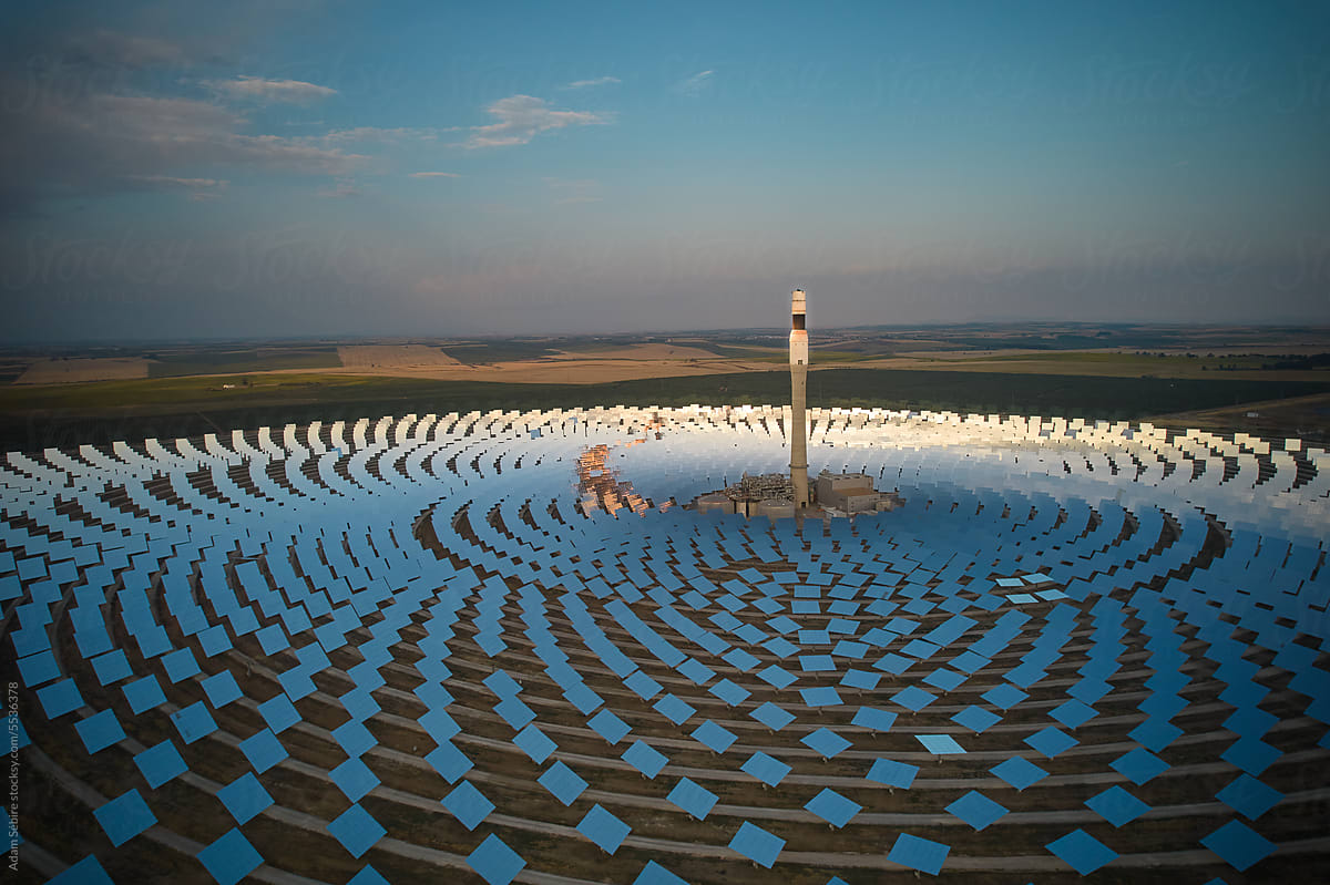 Concentrated solar power plant at dusk - clean green energy transition