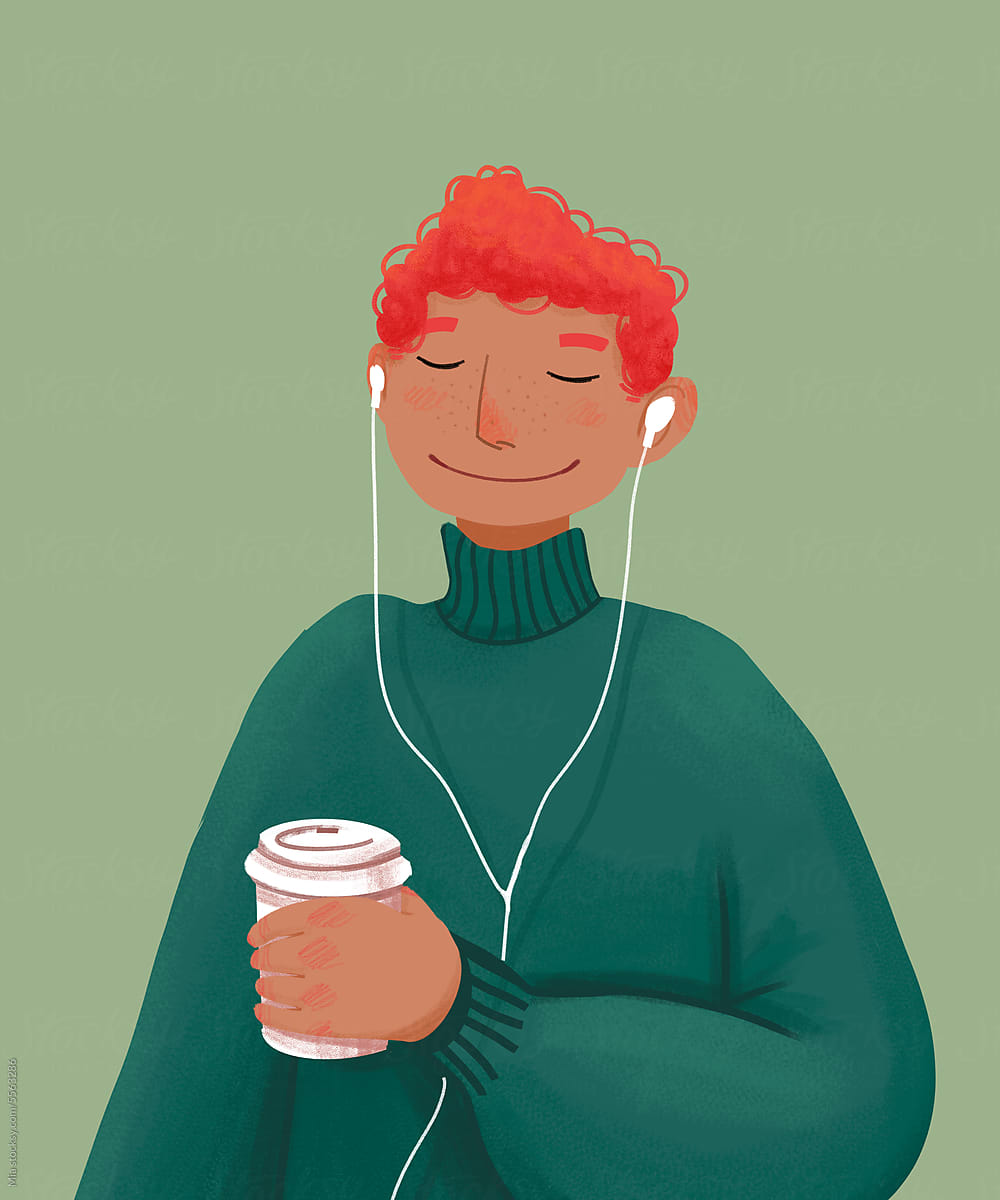Coffee and Music: Boy\'s Relaxing Moment Illustration
