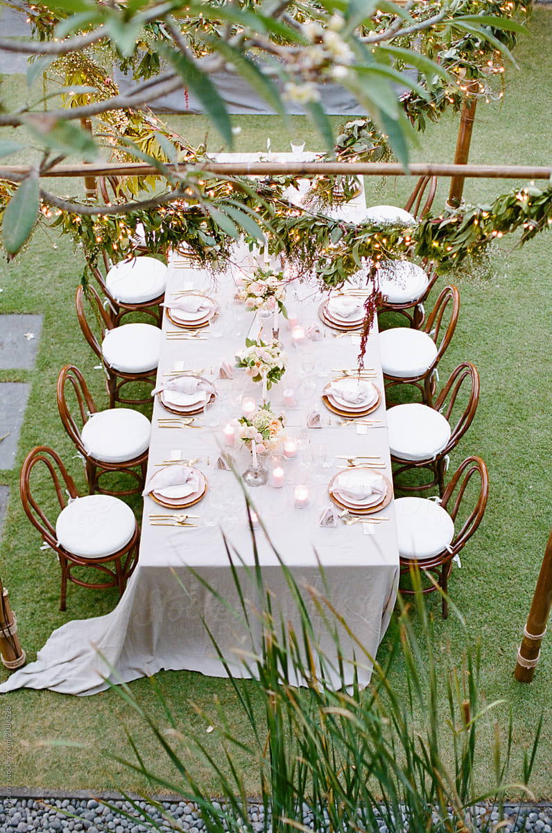 Outdoor, tropical wedding reception from above