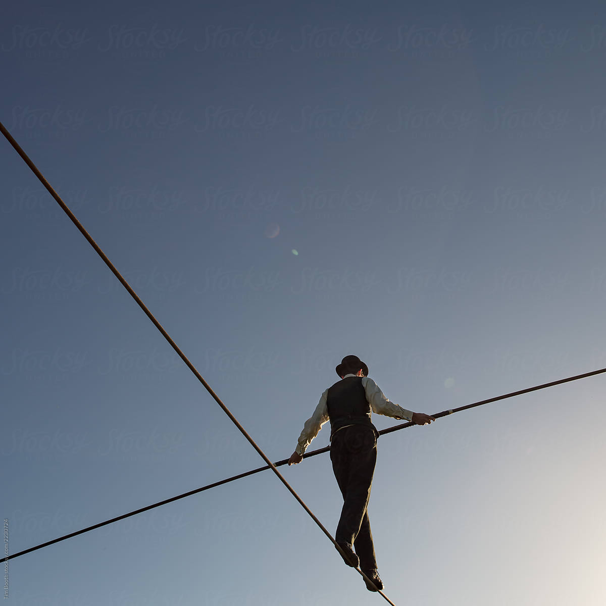 A tightrope walker seen from below