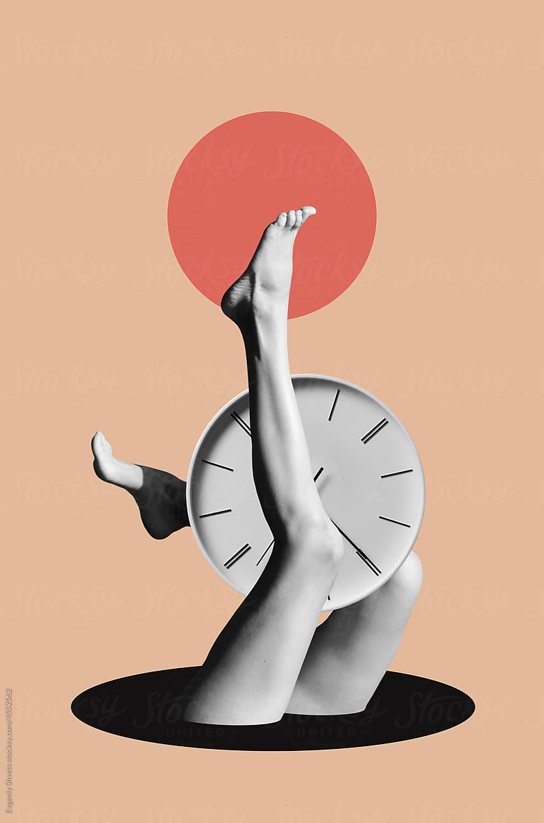 Collage with female legs and clock
