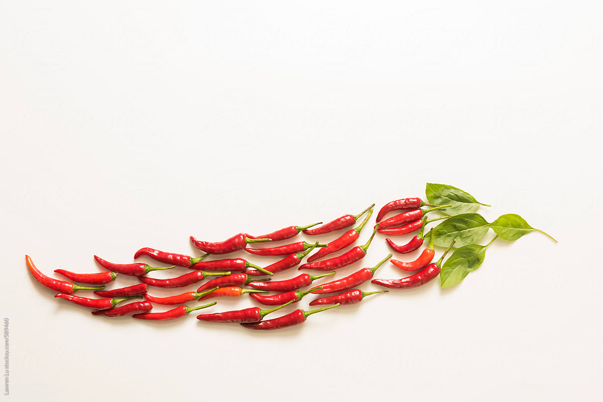 Creative food art-chili and basil arranging on white background.