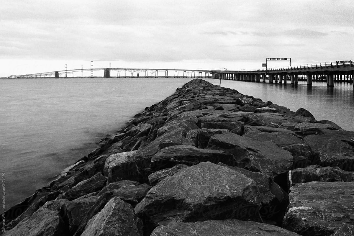 Jetty beside the Chesapeake Bay Bridge long exposure