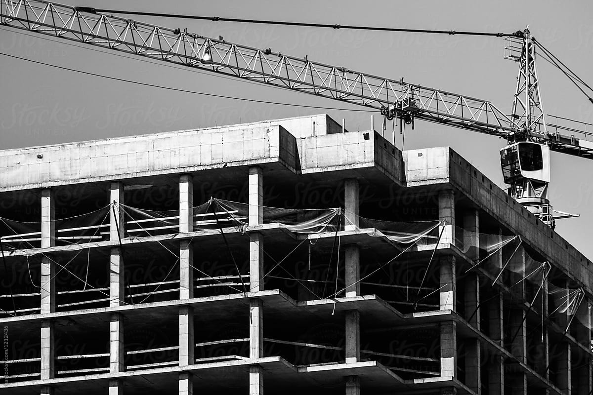 Construction site with crane monochrome