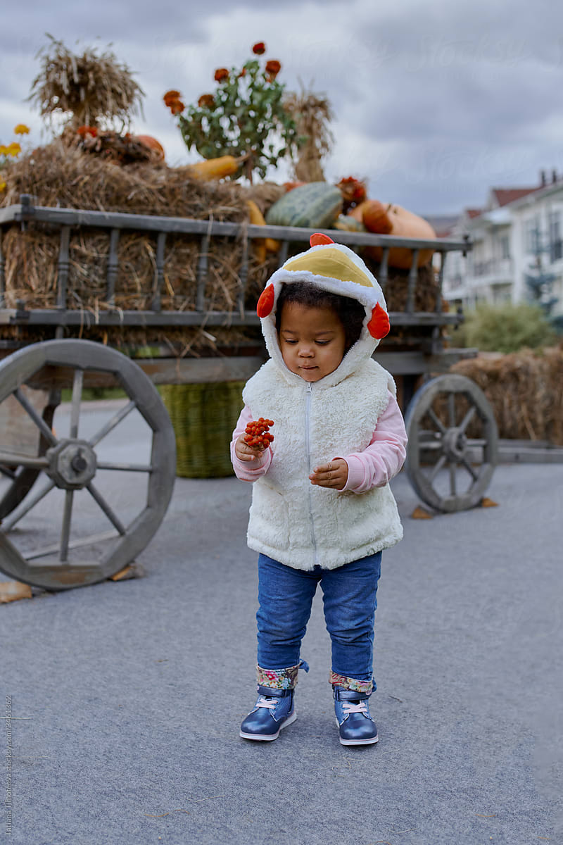 little beauty girl in a Halloween chicken costume walks down the street