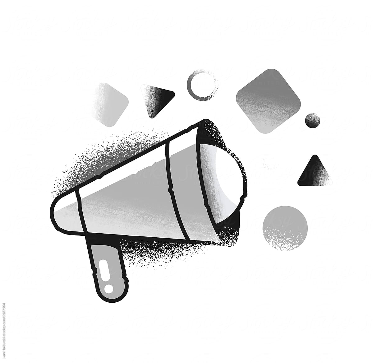 Black and white Loudspeaker illustration. \
Engaging with media.