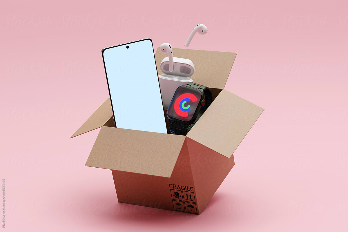 Phone, earphones, smartwatch in delivery shipping box. Wearabable tech