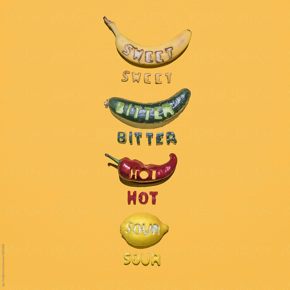 colorful foods with cut-out letters that indicate their taste on the yellow background