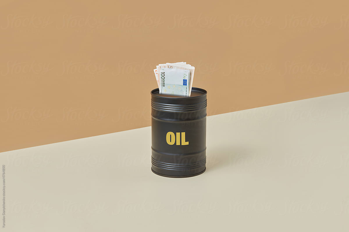 Euros put in black barrel of oil.