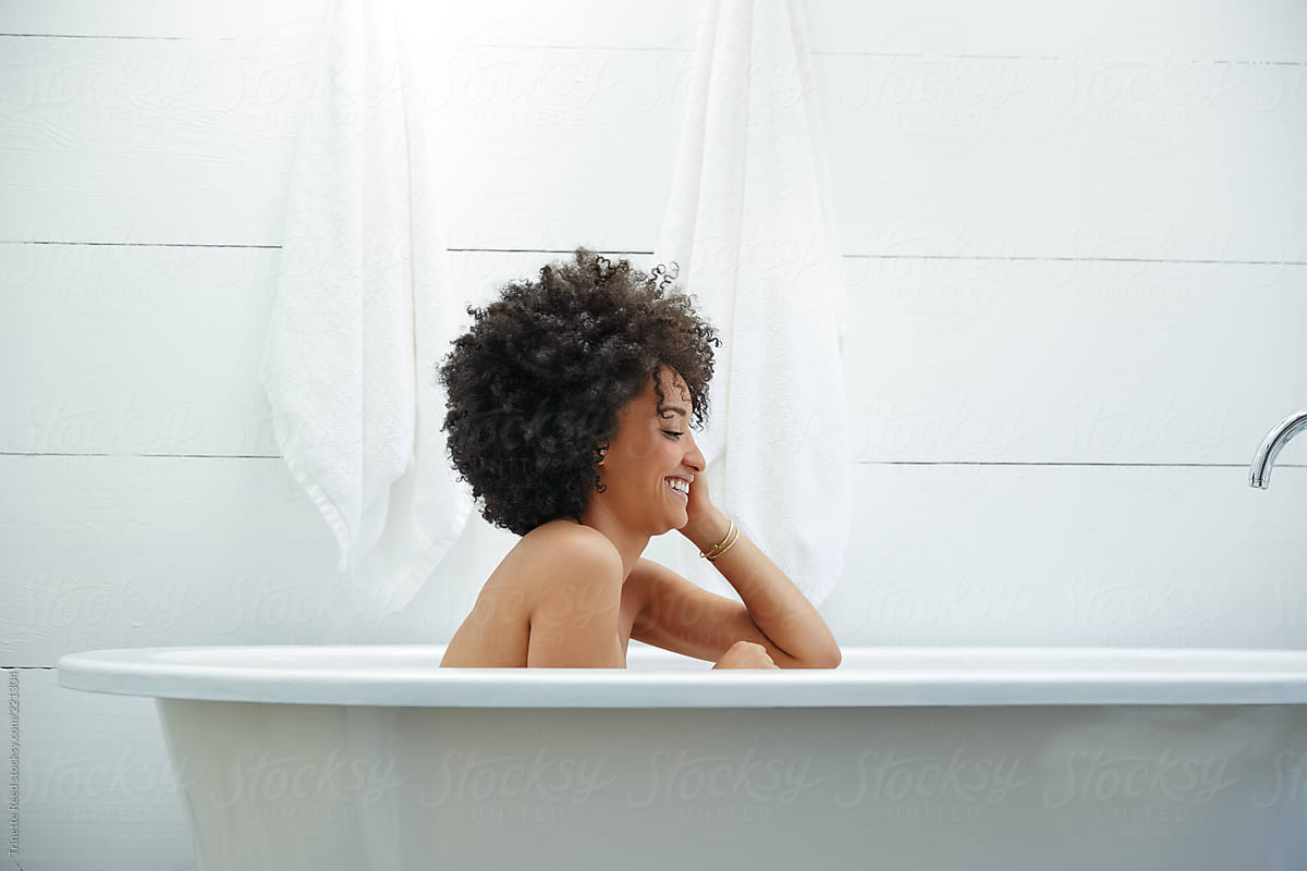 Woman Relaxing And Laughing While Taking A Bath By Trinette Reed