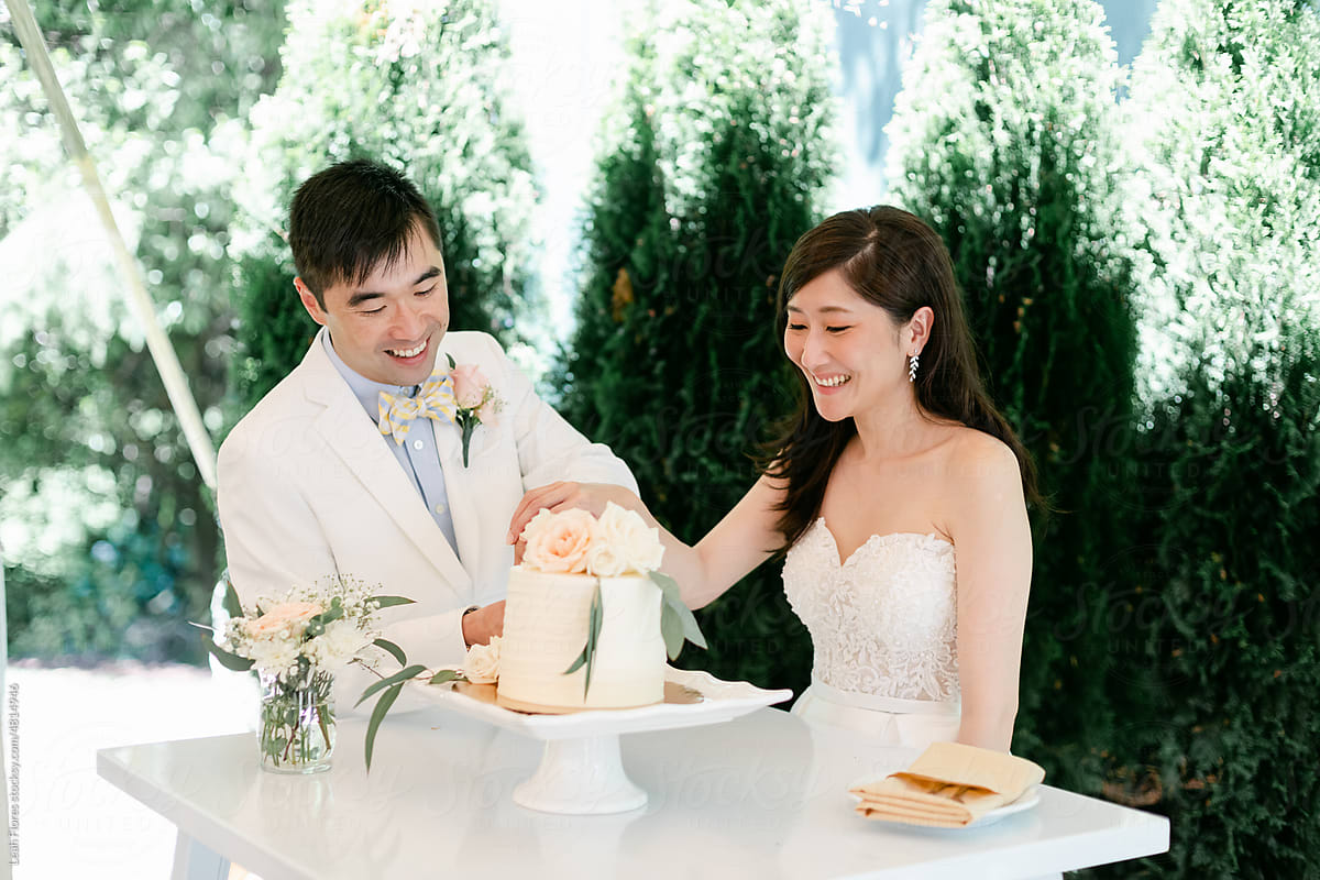 Smiling Bride and Groom Cut Wedding Cake Together