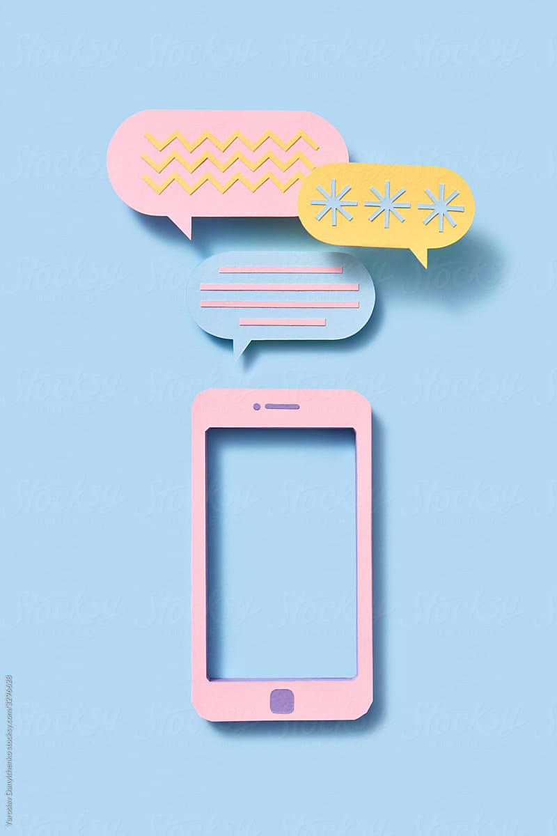 Paper smartphone with chat and talk cloud icons.