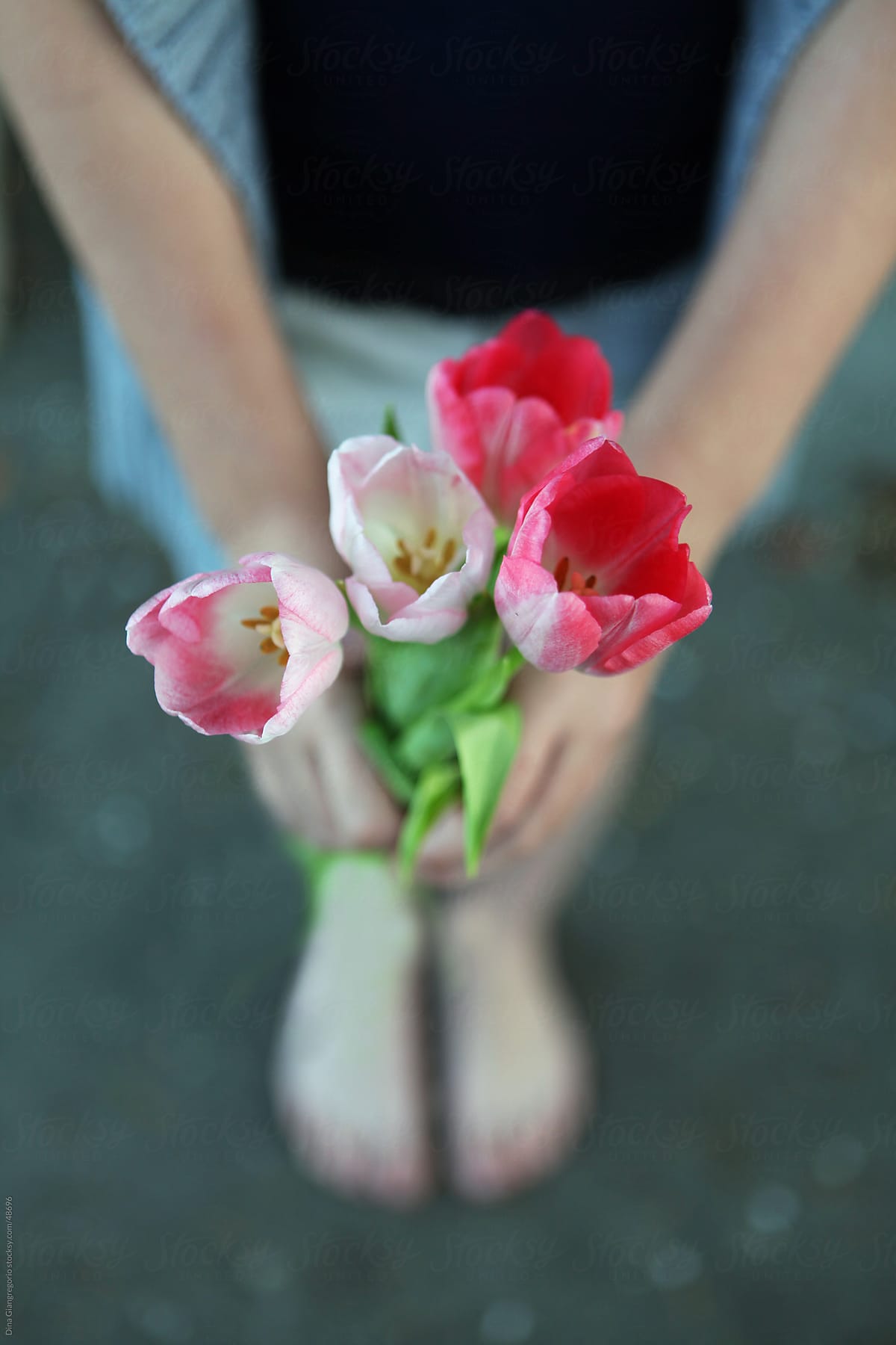Girl holding pink tulips