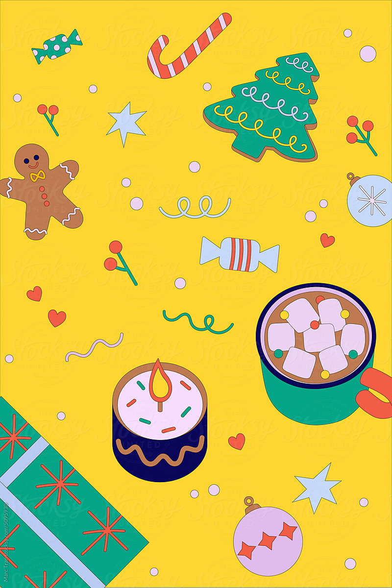 Cute cartoon character and christmas elements seamless pattern.