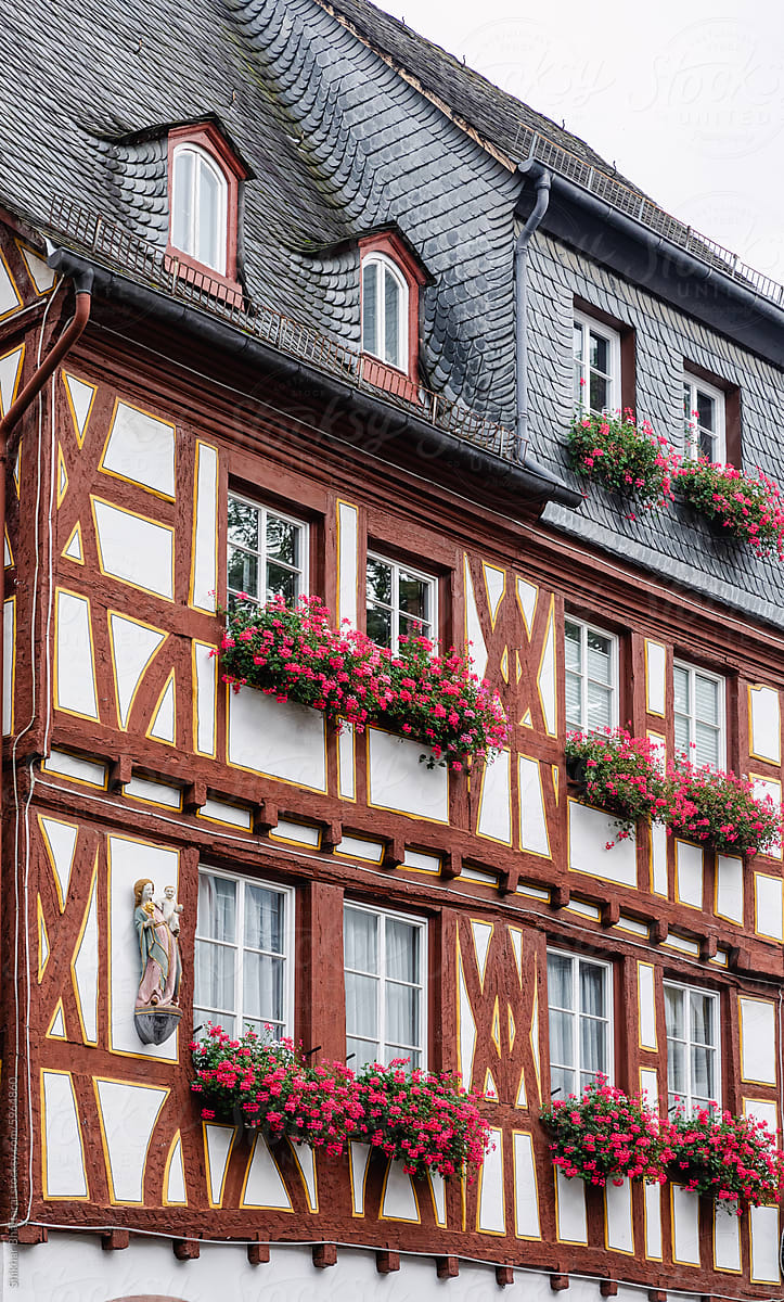Facade of old German houses in Mainz, Germany.
