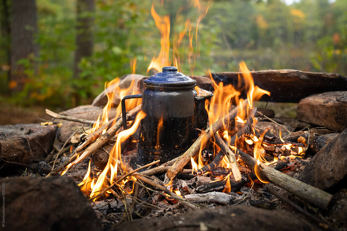 Coffee Percolator Boiling on Campfire Breakfast on Back Country Campsite
