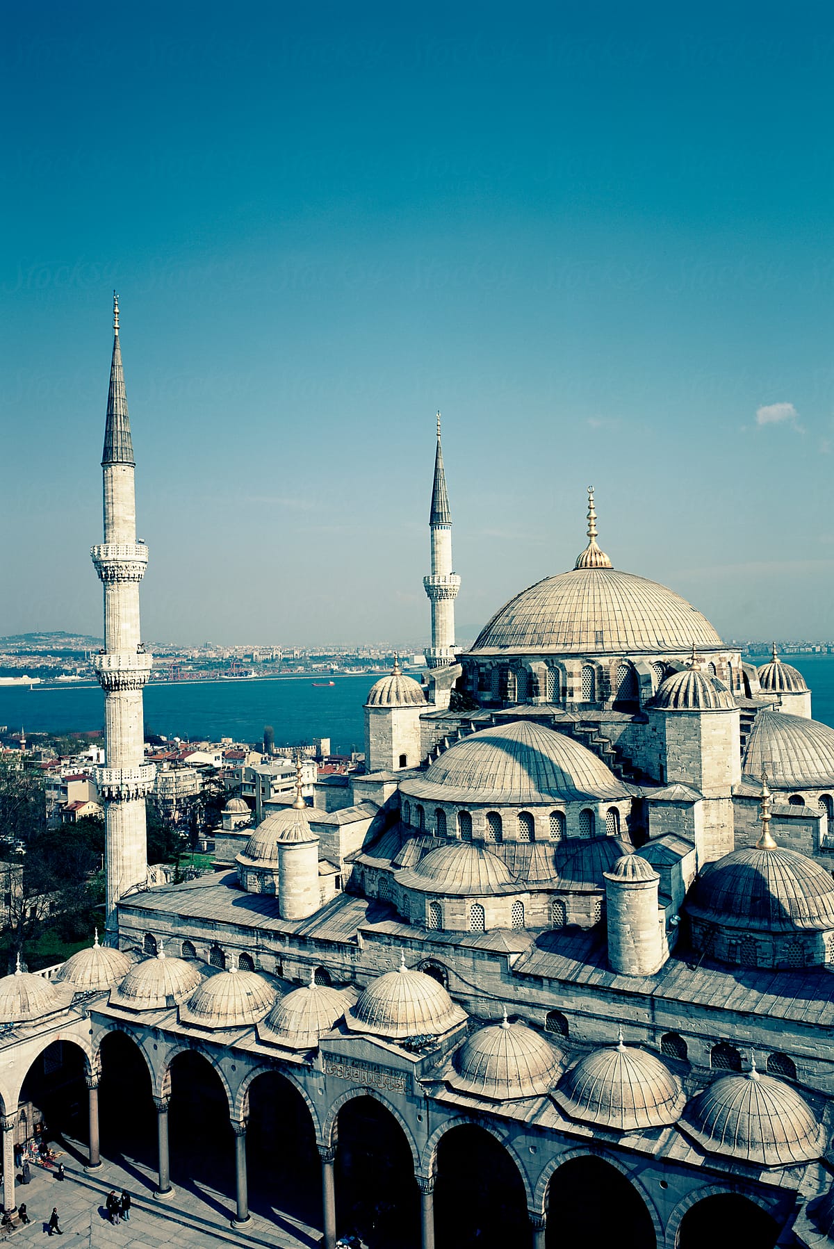 Blue Mosque. Istanbul with the Bosphorus in the background. Turkey.