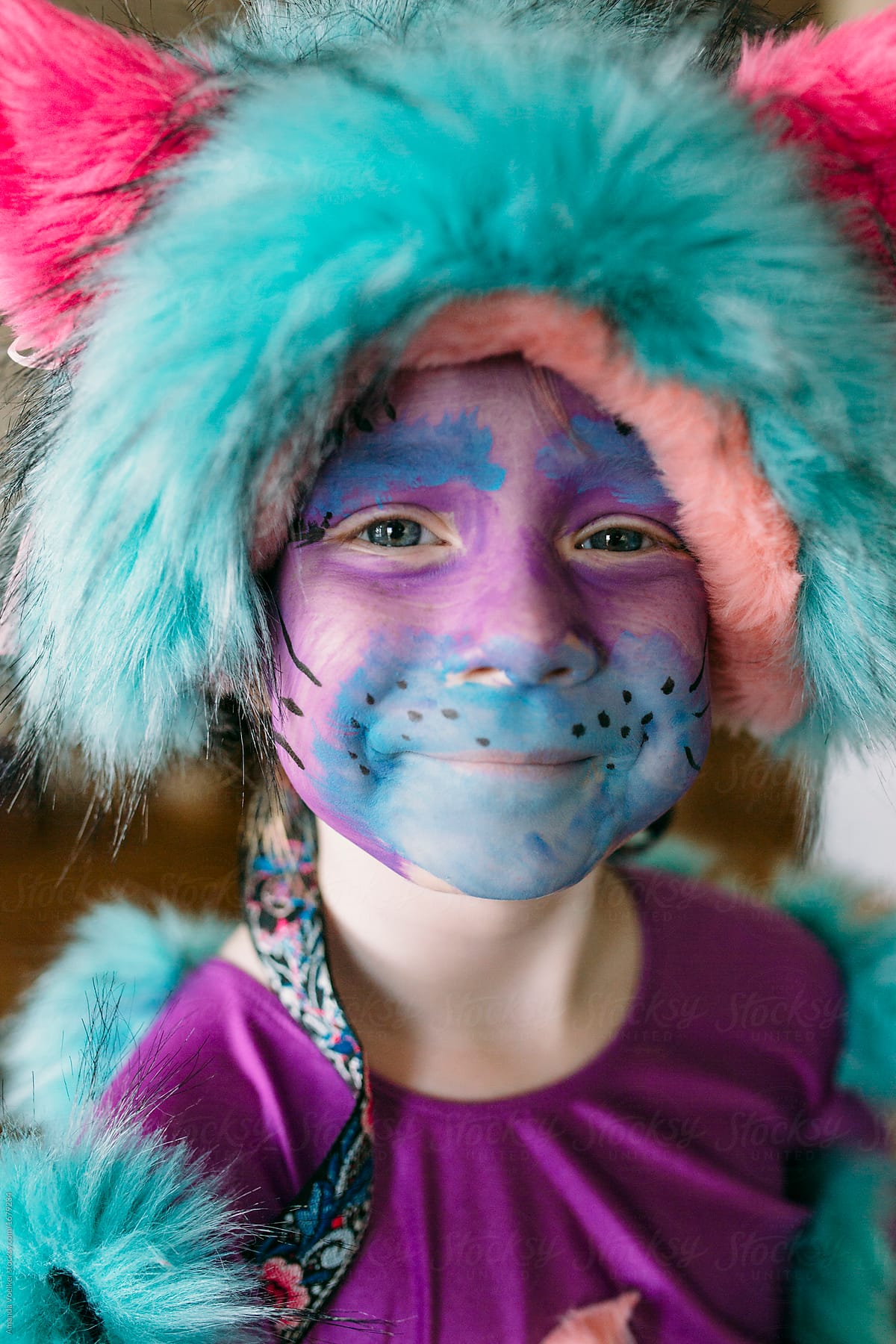 Little Happy Girl in Purple Homemade Cat Costume