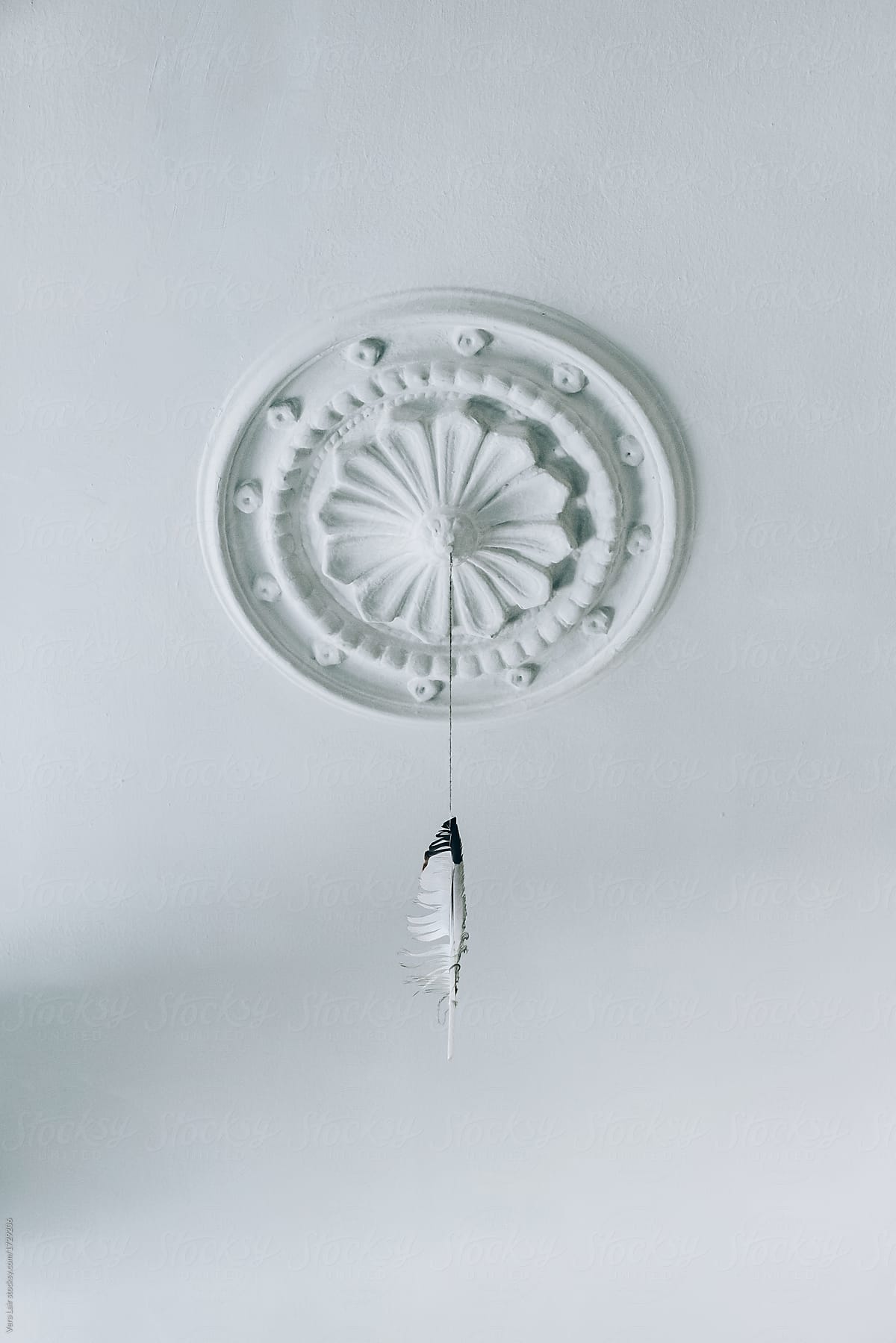 A feather hanging from a ceiling molding