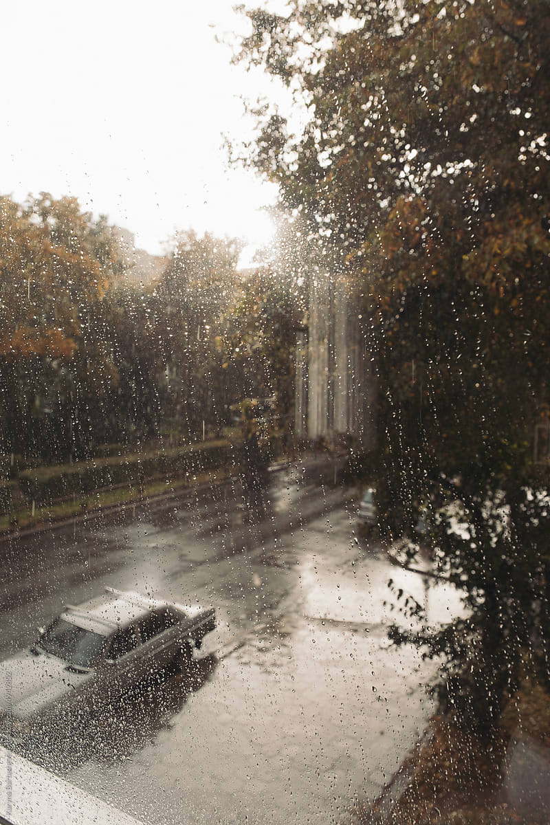 Rainy weather outside, autumn day