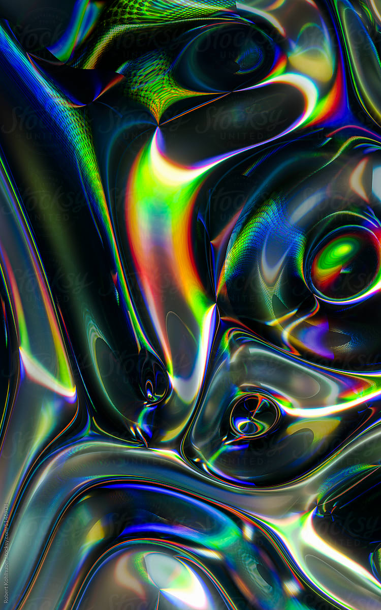 Dark abstract 3D render of a colorful, wavy holographic glass cloth