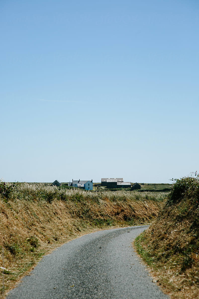 Winding country lane with a farmhouse in the distance