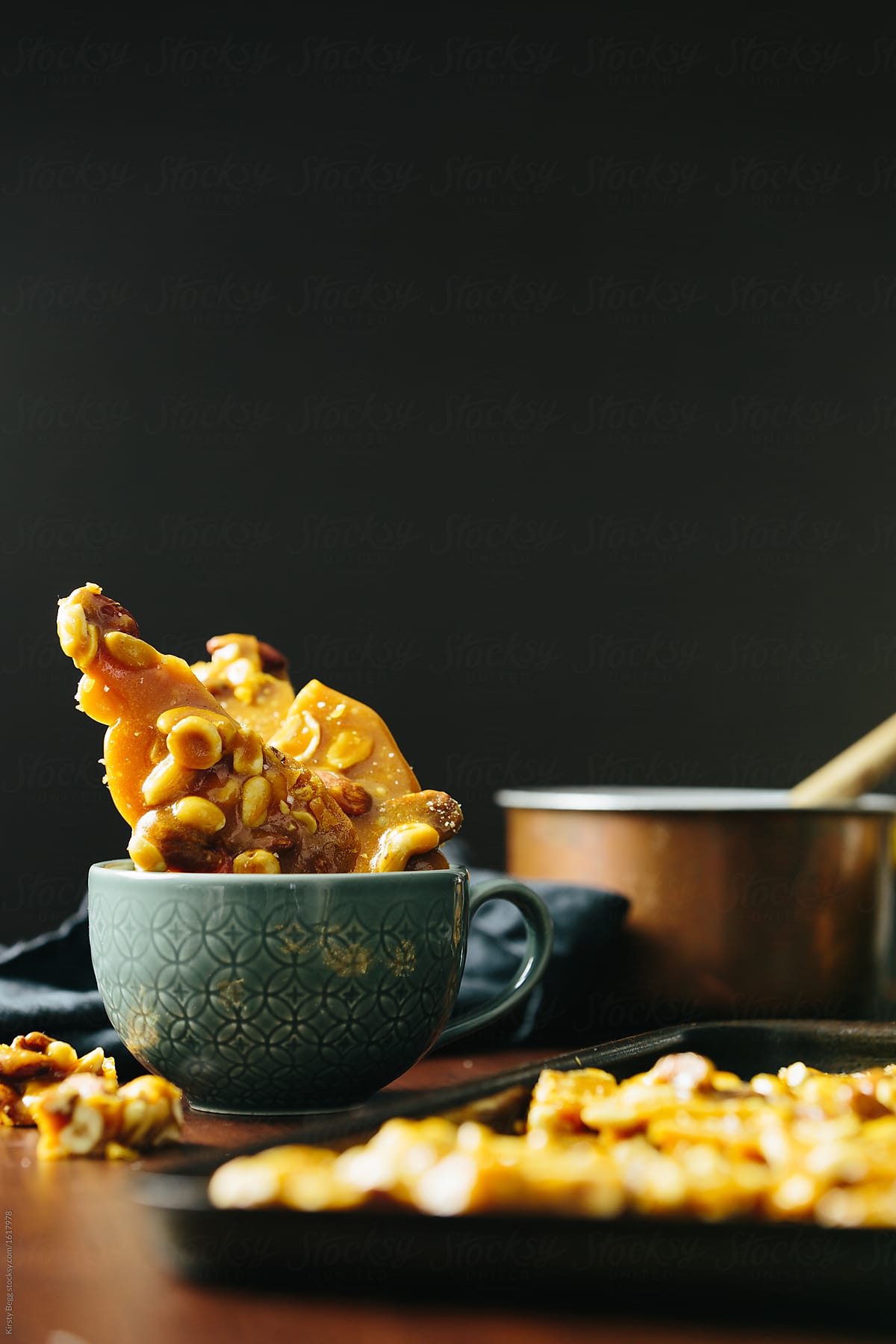 Salted caramel nut brittle shards in cup