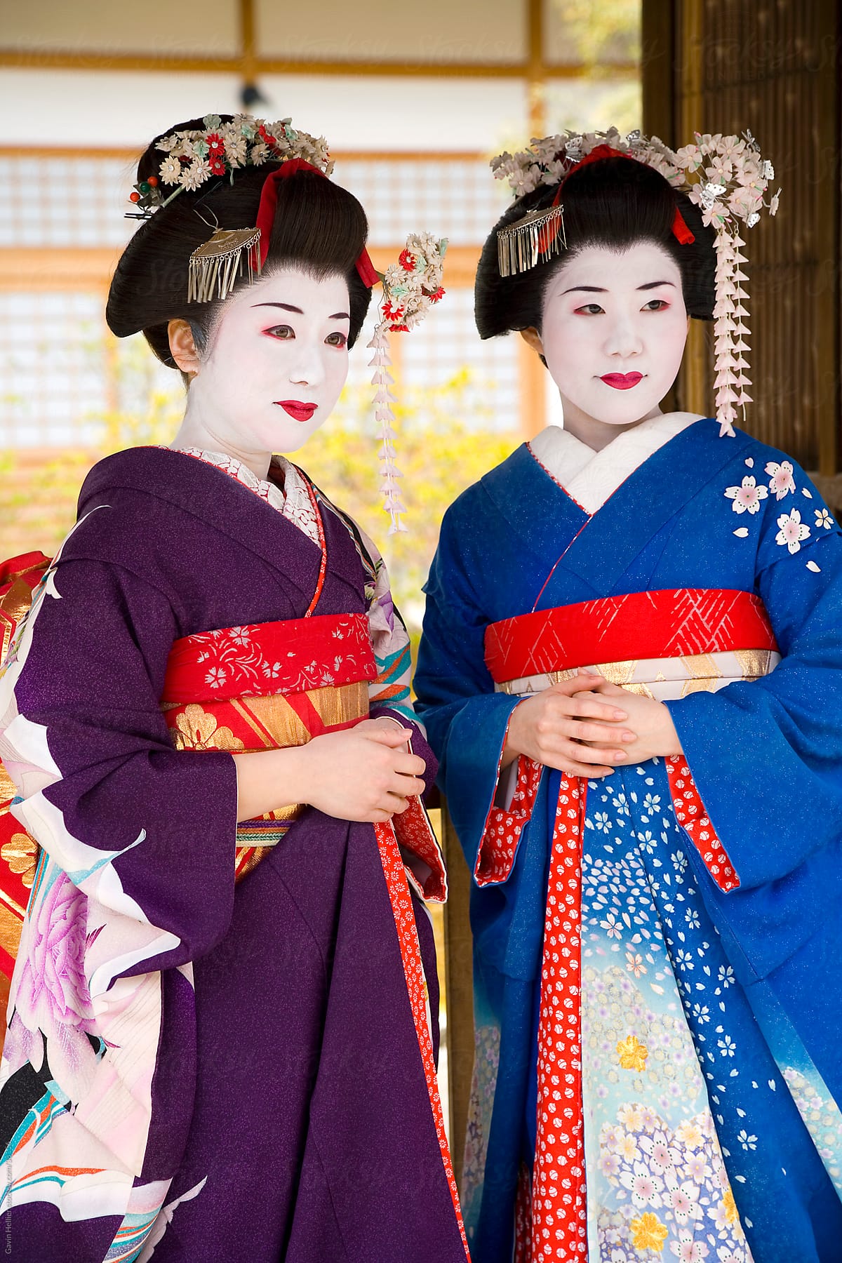 Asia, Japan, Honshu, Kansai Region, Kyoto, portrait of two maiko (apprentice Geisha) wearing traditional Japanese Kimono\'s
