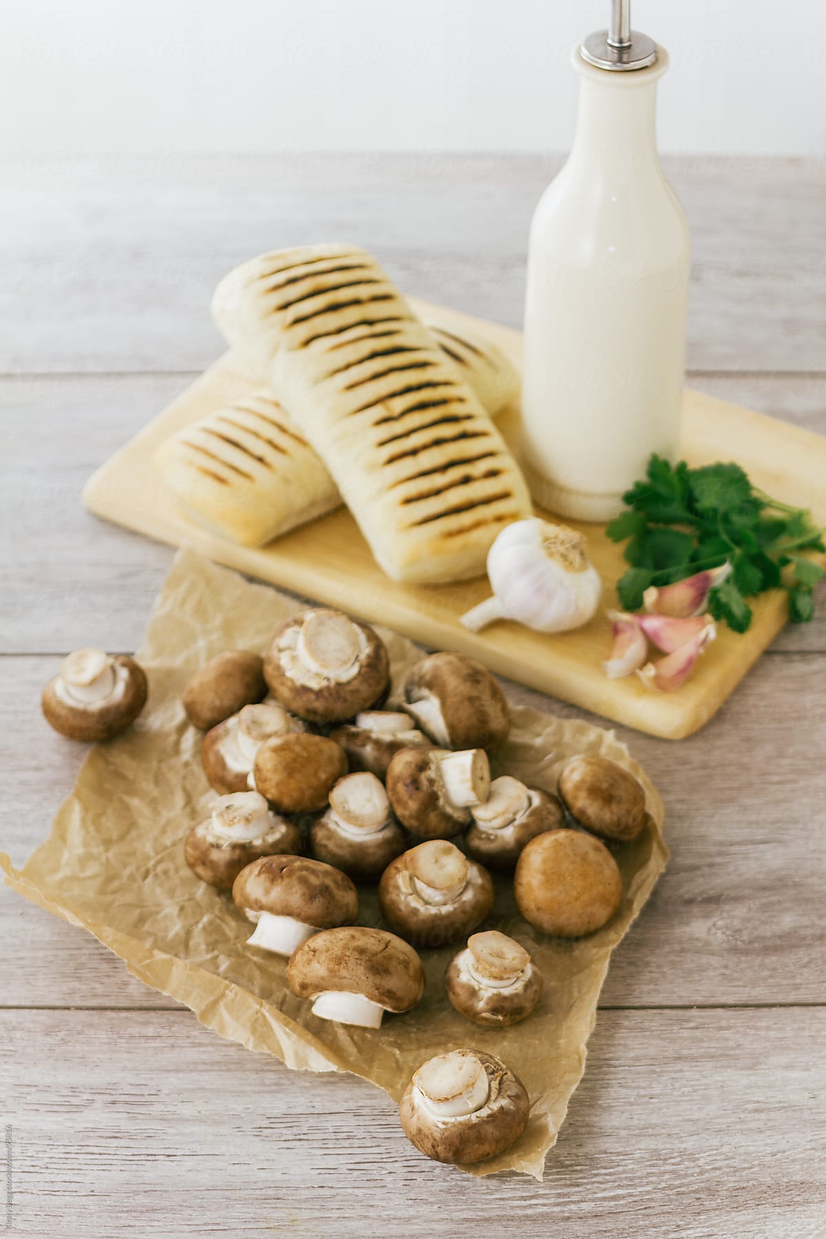Garlic mushroom bruschetta ingredients vertical