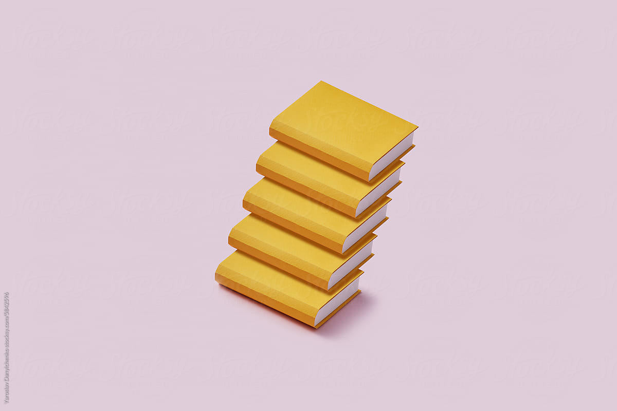 Five paper yellow books stacked in form of staircase in studio