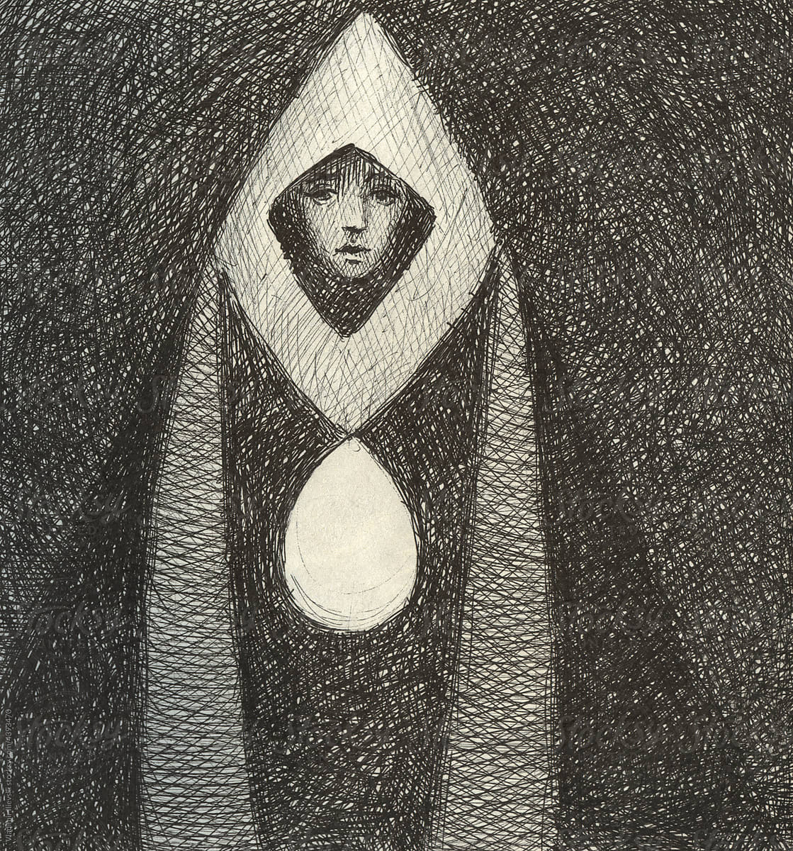Hand ink drawing of a magical woman in a cloak