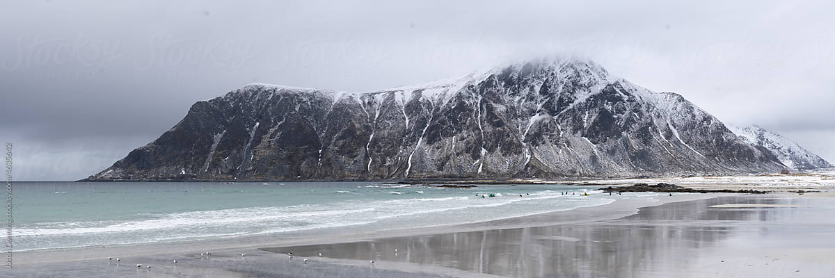 Skagsanden beach Surfing Flakstad island lofoten Islands winter